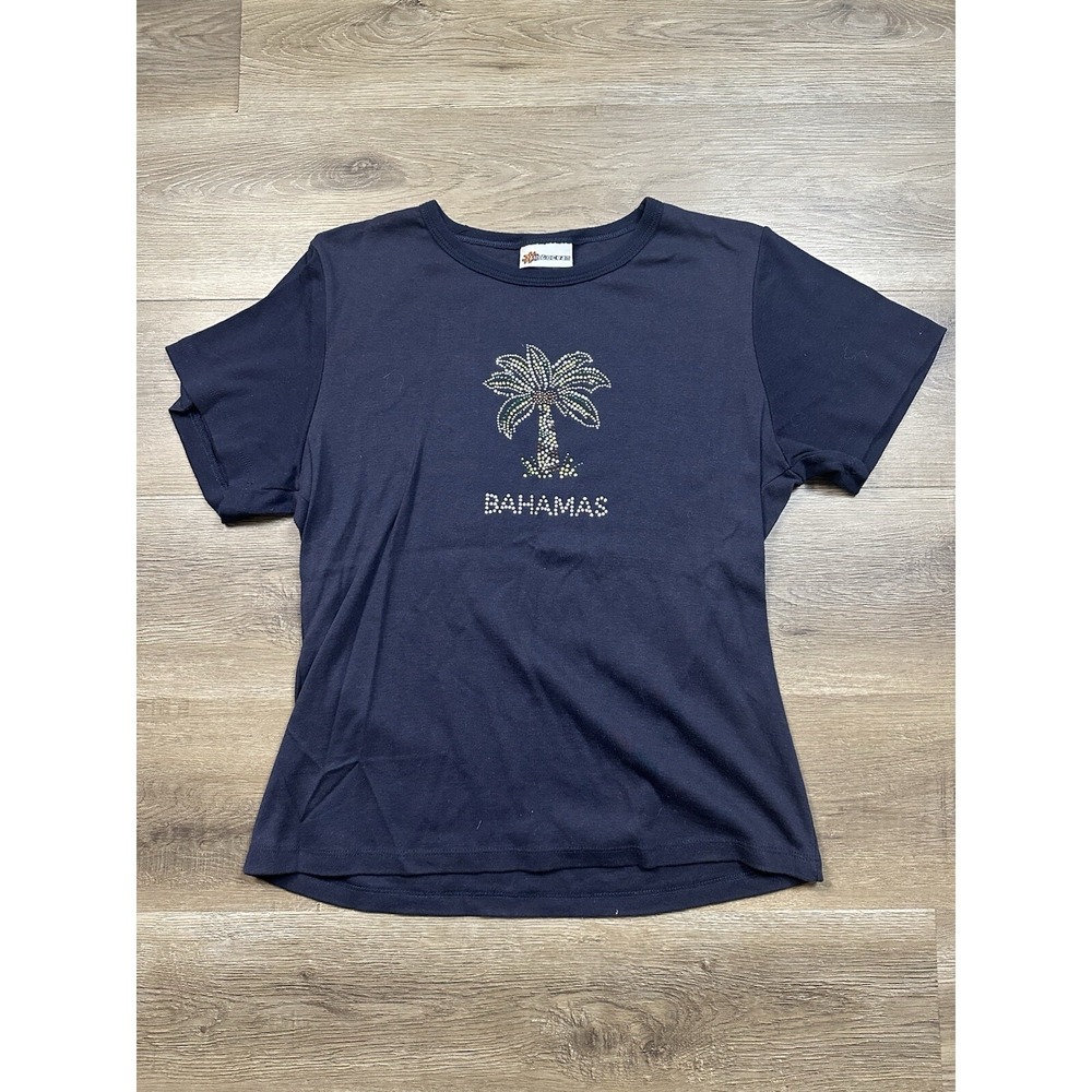 Vintage Sun & Ocean‎ Bahamas T Shirt Womens L Black Embellished Short Sleeve